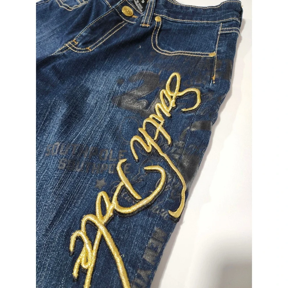 Southpole Y2K Womens Flare Jeans Dark Wash Gold Embroidered Streetwear Size 9